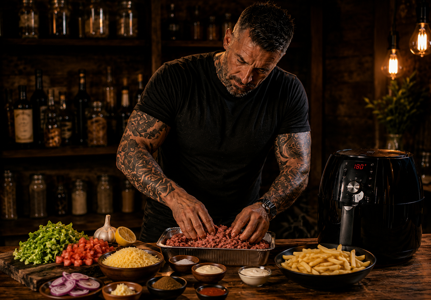 Air-Fryer Doner Meat Loaded Fries preparation stage